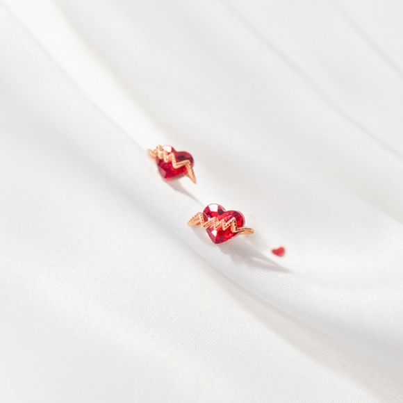 Sterling Silver Valentine Heart Earrings - Rose Gold Red Rhinestone Heart Studs - Picture 2 of 5